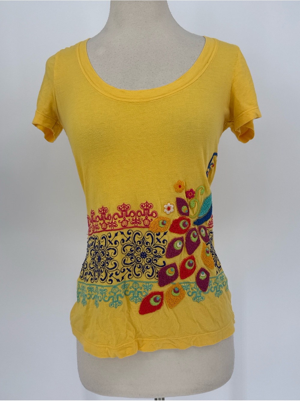 Yellow Embroidered Peacock Scoop Neck Women's Top